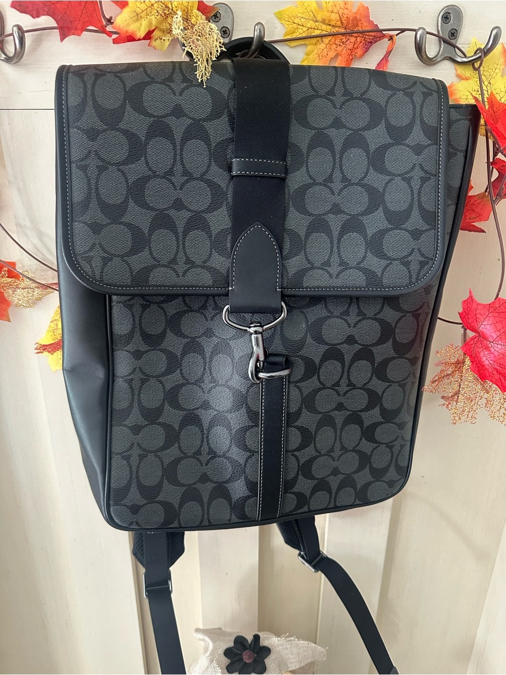 Coach Black and Gray Signature Leather Backpack with Front Clasp